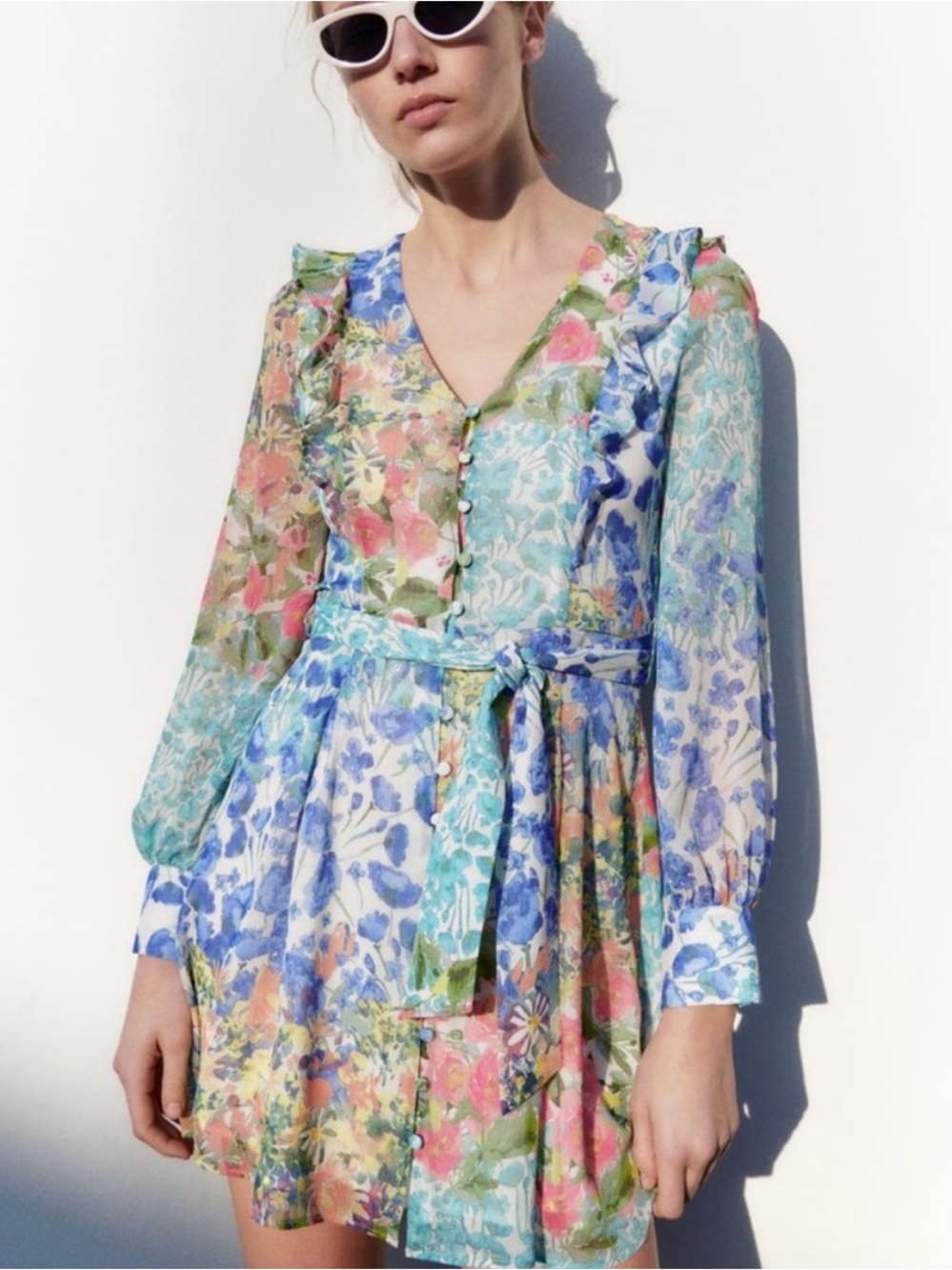 ZARA Floral Chiffon Mini Dress Belted Sheer Long Sleeve Blue Pink NWT Size L